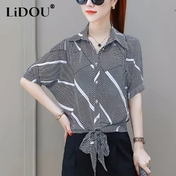 Summer New Striped Printing Lace Up Shirt Female Short Sleeve Buttons Casual Fashion Top Women Vintage All-match Elegant Blouse