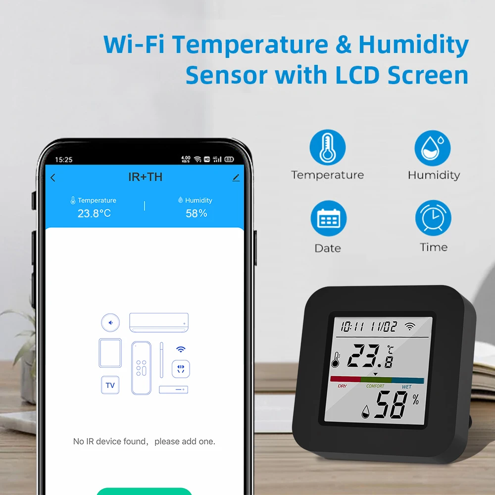 Smart IR Remote with Temp Humidity Monitor Tuya Universal IR Remote for Air Conditioner TV AC Works with Alexa Google Home