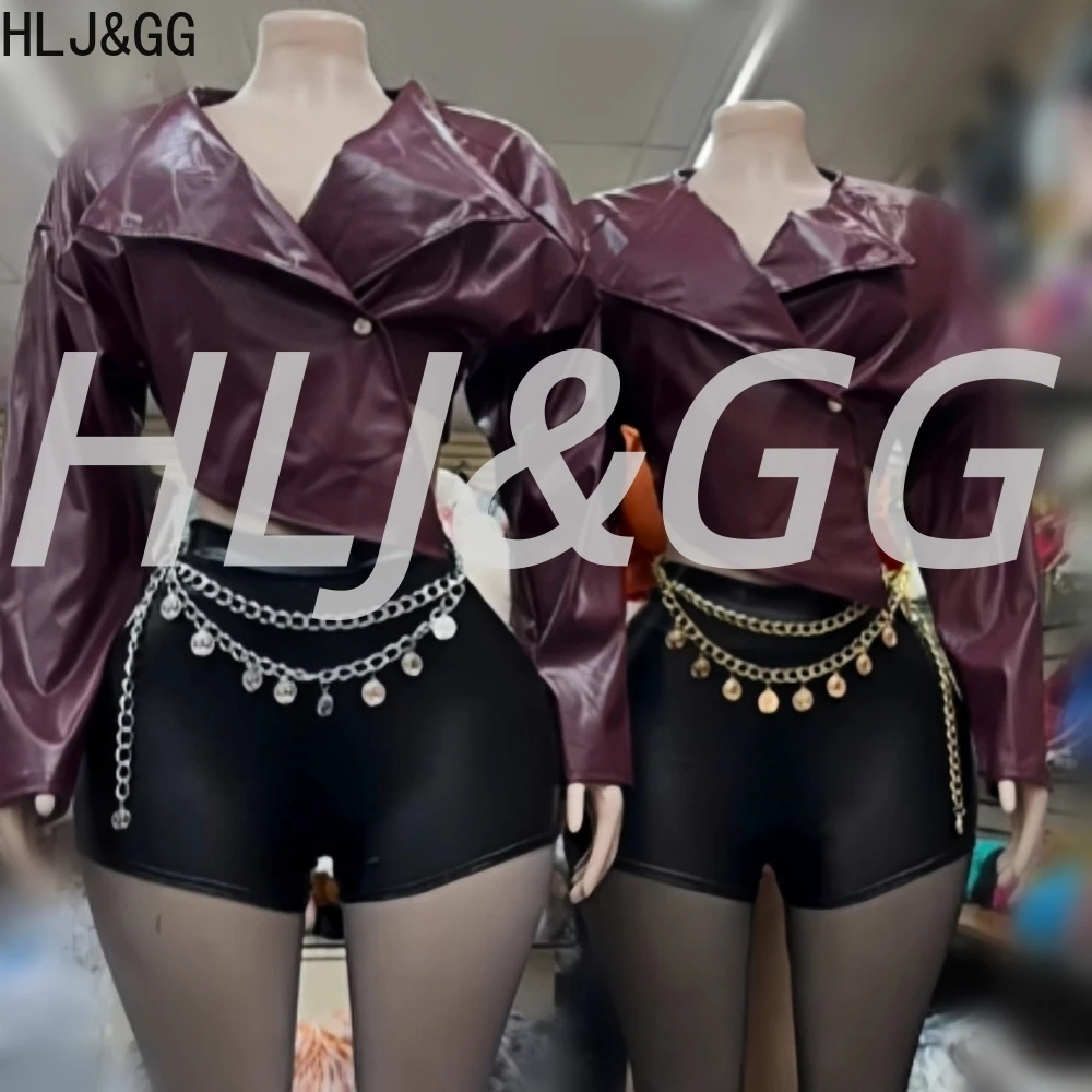 

HLJ&GG Trend Y2K Fashion Leather Irregular Jacket Two Piece Sets Women Long Sleeve Top And Shorts Outfits Outfit Streetwear 2025