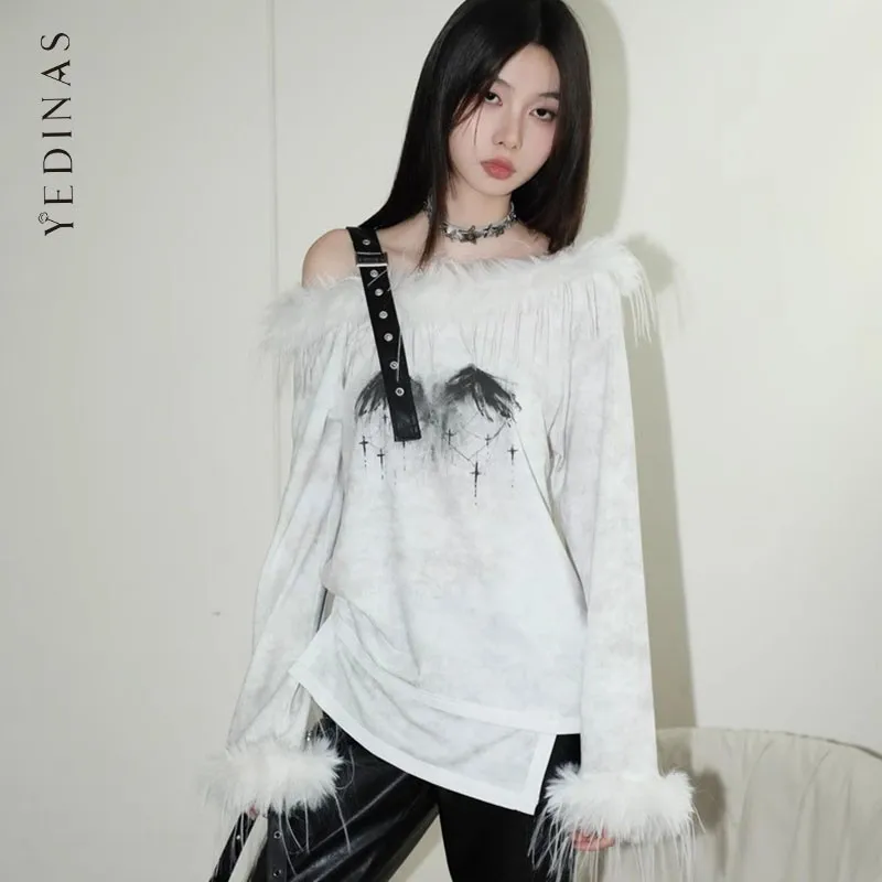 

Yedinas Gothic Print Off Shoulder T Shirt Women Clothes Korean Fashion Autumn 2023 Streetwear Graphic Tee Shirt Femme Tops Chic