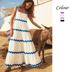 Wavy Pattern Splicing Spaghetti Strap Print Dresses Women Fashion Trendy Lady Long Dress Spring Summer New Vestidos Streetwear