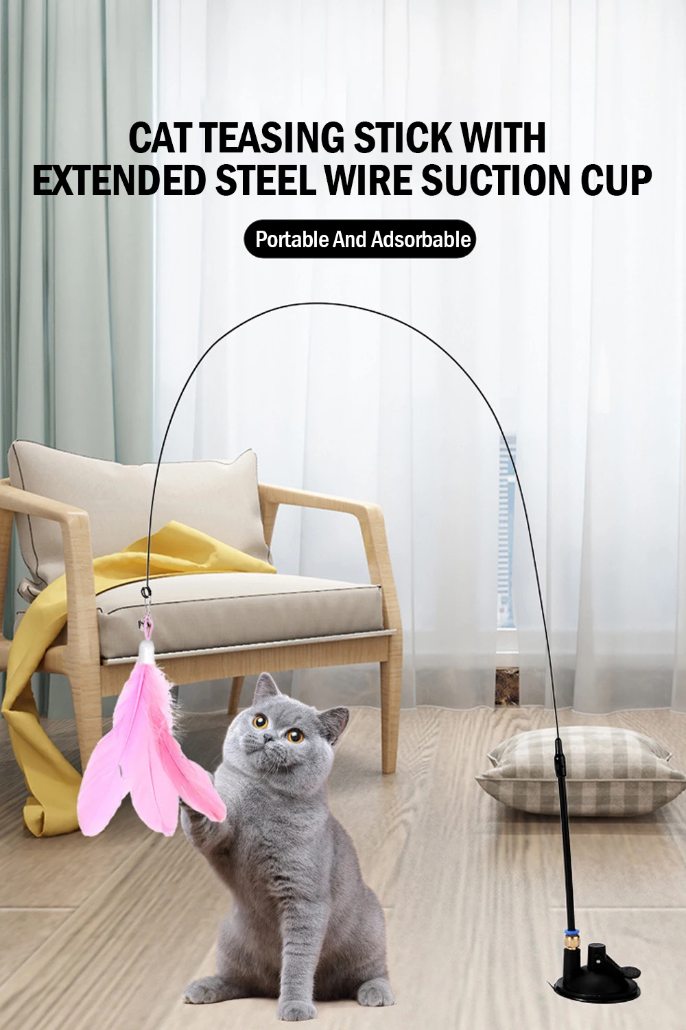 Katzen feder Spielzeug Teaser Feder Zauberstab interaktives Spielzeug Katzen spielzeug mit Super Saugnapf abnehmbares 3 Stück Feder Ersatz spielzeug – Detail 1