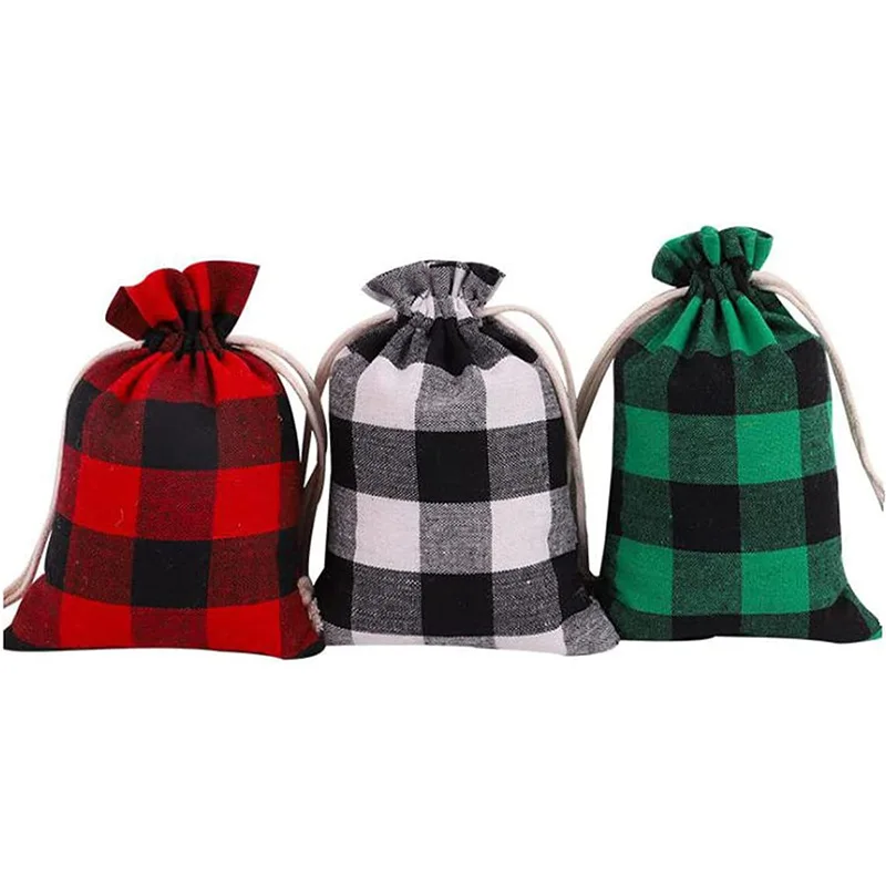 50pcs/lot 10*14cm Plaid Burlap Drawstring Bag Cotton Pouches Christmas Candy Small Gift Packaging Bags Wholesale