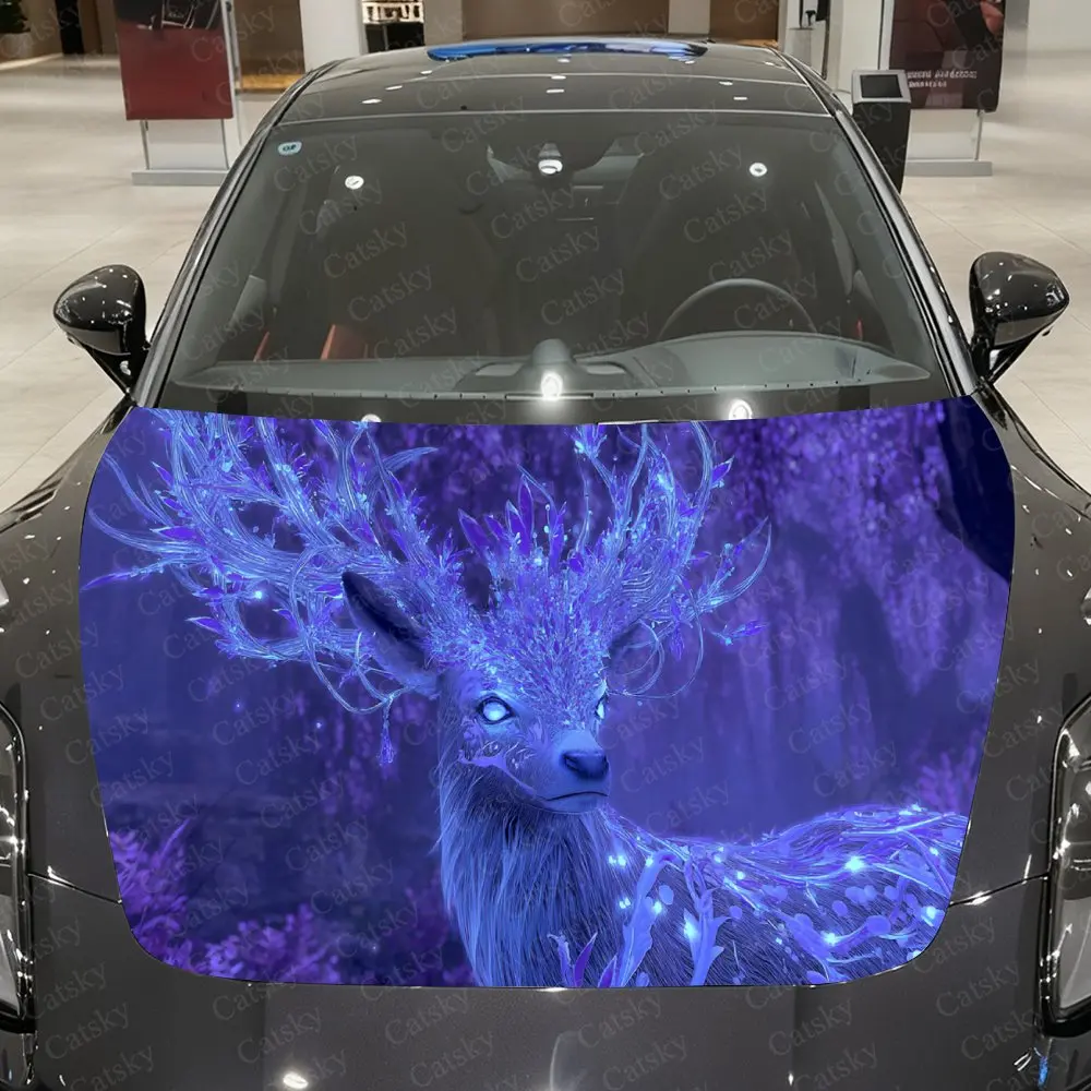Streaming-Light Secret-Antlered Deer Car Vinyl Wrap, PVC Waterproof Car Hood Sticker, Self-Adhesive Scratch-Resistant Stickers