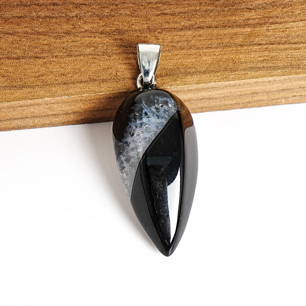 NATURAL BLACK AGATE CONE PENDANT 31X14MM GLOSSY GEMSTONE CHARM WITH METAL LOOP FOR HANDMADE NECKLACE DIY JEWELRY ACCESSORY CRAFT 4