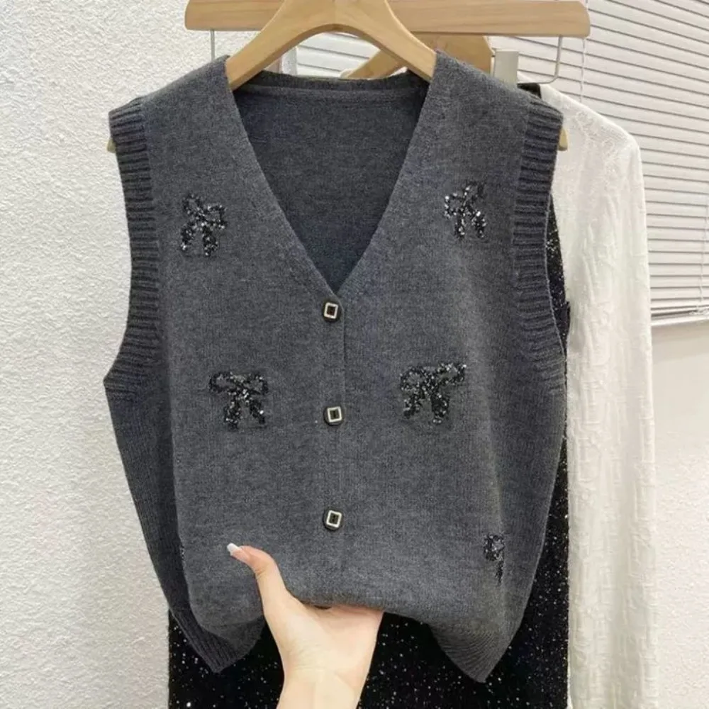 Women V-neck Cardigan Vest Bowknot Sequin Decor Button Knitwear Sweaters Elegant Sweet Party Tops Autumn Waistcoat Outerwears