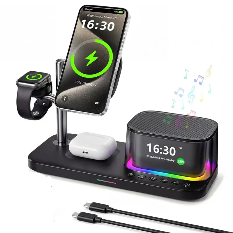 Estación de Carga Inalámbrica Magnética Qi2.2 de 25W con Altavoz Bluetooth, Reloj Despertador y Luz Nocturna para iPhone 12–17, iWatch y Galaxy Watch