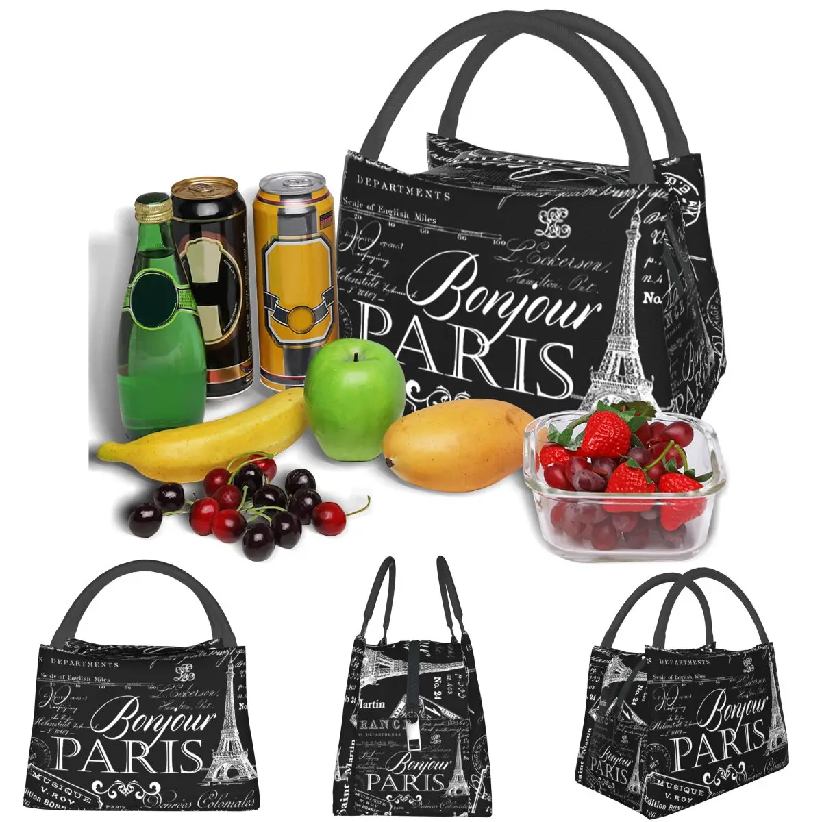 Vintage Paris French Lifestyle With Eiffel Tower Lightweight Handheld Insulated Lunch Bag Aluminum Foil Liner for Travel Picnic