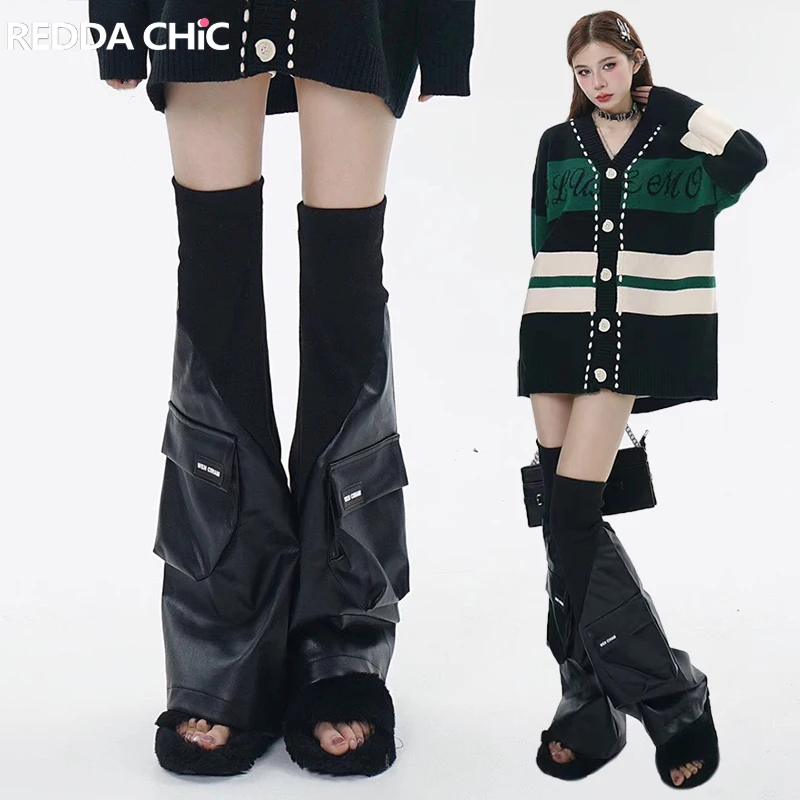 

REDDACHiC Function Pockets Leather Black Women's Leg Warmers Knit Stitch Thigh-high Japanese Girl Long Socks Gothic Boots Cover