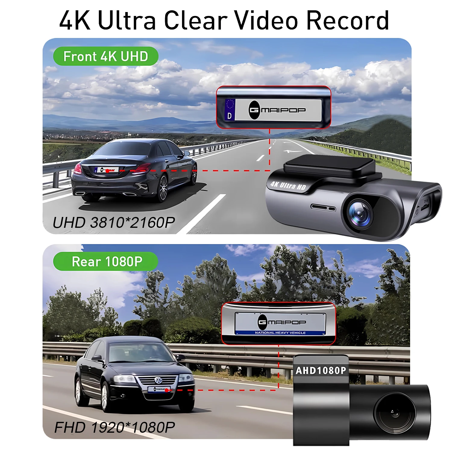 DashCam 4K Mini Auto-DVR-Videorekorder mit GPS-WIFI-Unterstützung, Dual-Objektiv 1080P Rückfahrkamera, Nachtsicht, Black Box, 24-Stunden-Parküberwachung – Detail 2