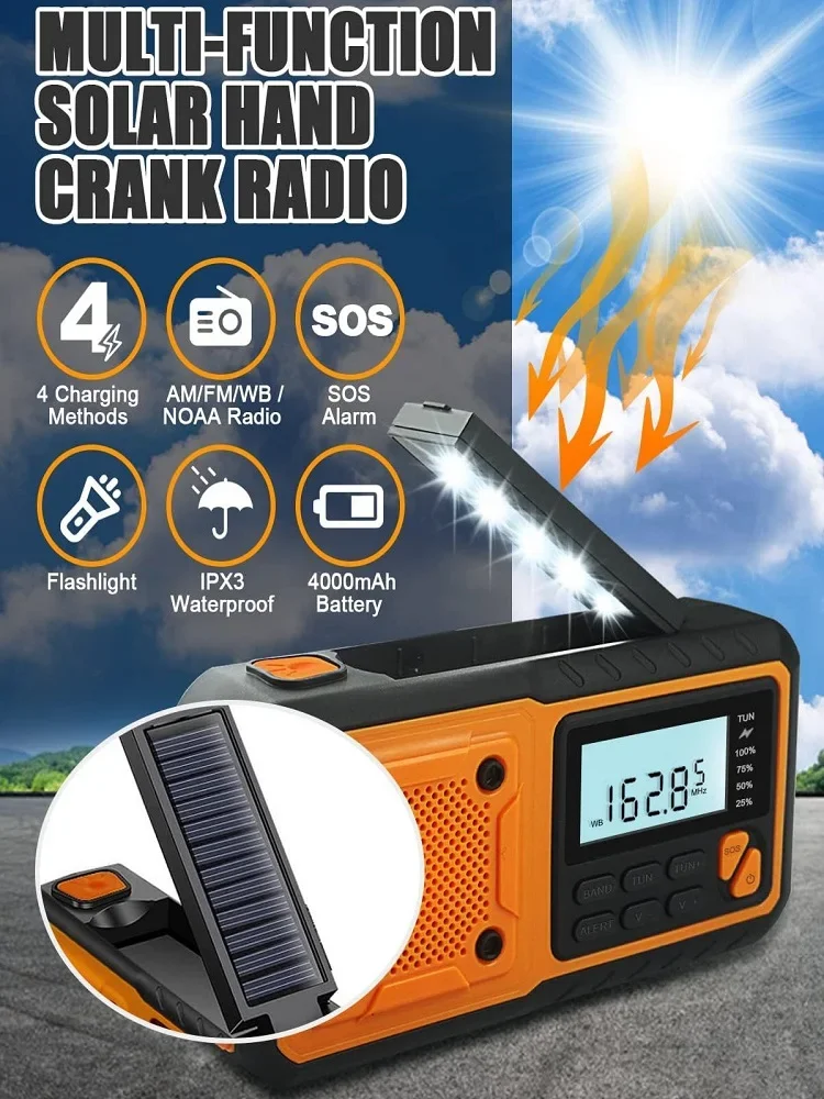 4000mAh Emergency Radio Hand Crank Solar Radio AM/FM/WB/NOAA Alert Portable Weather Radio Flashlight SOS Alarm for Outdoor