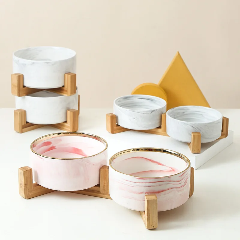 

Luxury Marble Gold Trim Ceramic Pet Bowl Set with Wooden Stand Dual Food & Water Dishes Anti-Neck Strain Elevated Pet Feeder