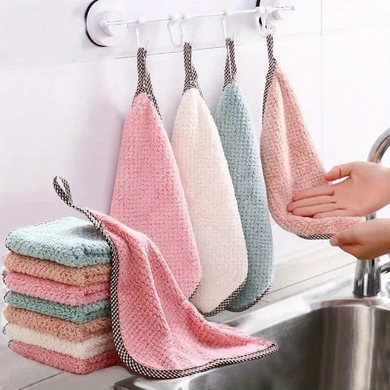 

5/10pcs Hanging Thickened Coral Fleece Dishcloth Soft Absorbent Towel Suitable for Kitchen, Car, Window Cleaning Towel