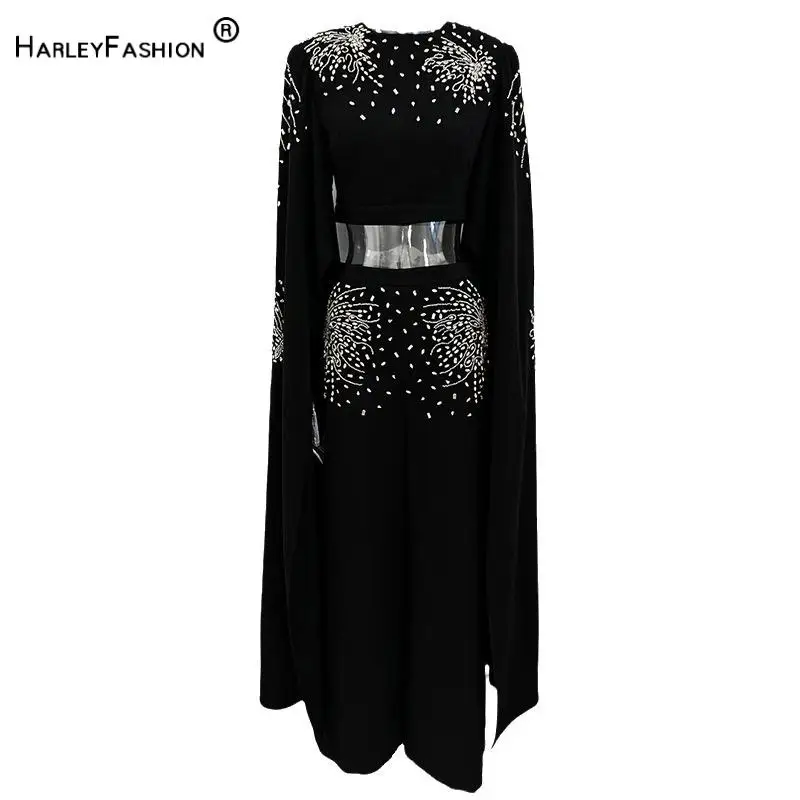 Newest Designed Lady Fine Workmanship Rhinestone Beading Suit O-neck Long Sleeve Tops Loose Pants Women Solid 2Pcs