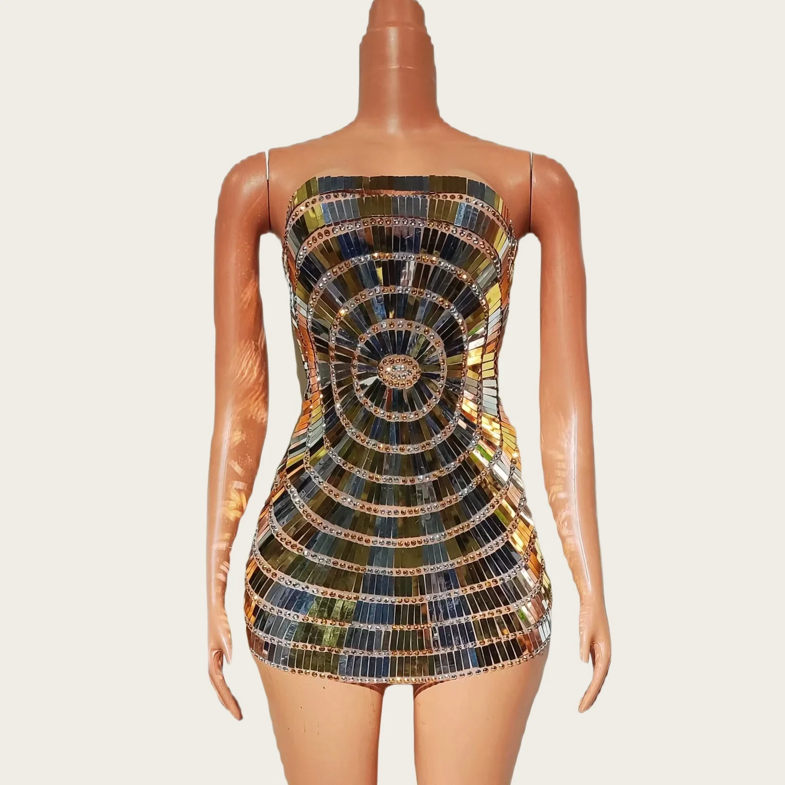 

Gold Mirrors Strapless Bandage Mini Dress Birthday Party Cocktail Dress Sexy Women Bar Carnival Spicy Girl Outfit Pianzhiguang