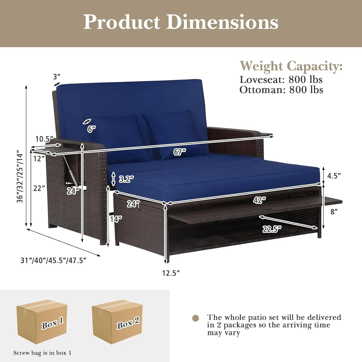 Lit de jour en rotin avec coussins, canapé causeuse WUNICEF pour l'extérieur avec supports de rangement, dossier réglable à 4 niveaux, chaise longue de lit