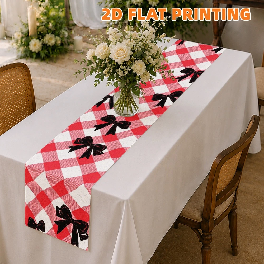 1pc Red Gingham Black Bow 2D Flat Print Table Runner for Home Dining Table Decor