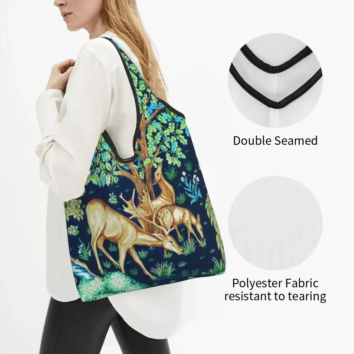 Forest Animals William Morris Deer Groceries Shopping Tote Bag Women Fashion Shopper Shoulder Bags Large Capacity Handbag