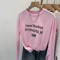 Unique Beautiful round Neck Long Sleeve T-Shirt Women's Summer New Style European Goods Pink Letter Print Thin Unique Lovely