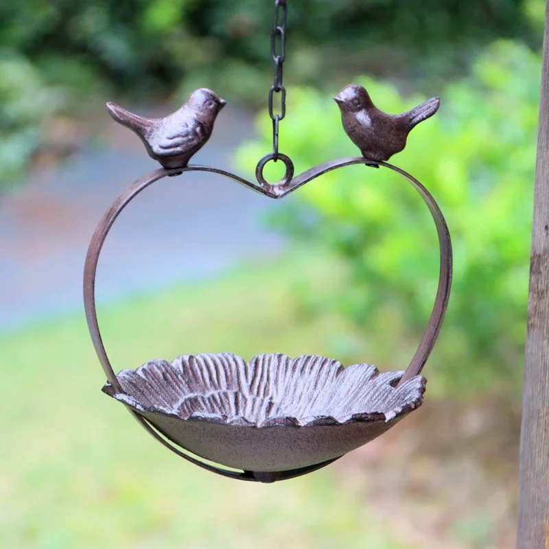 Vintage Cast Iron Hanging Bird Feeder Bath Rustic Heart Flower Bird Dish Wrought Iron Patio Lawn Garden Ornament Feeding Station