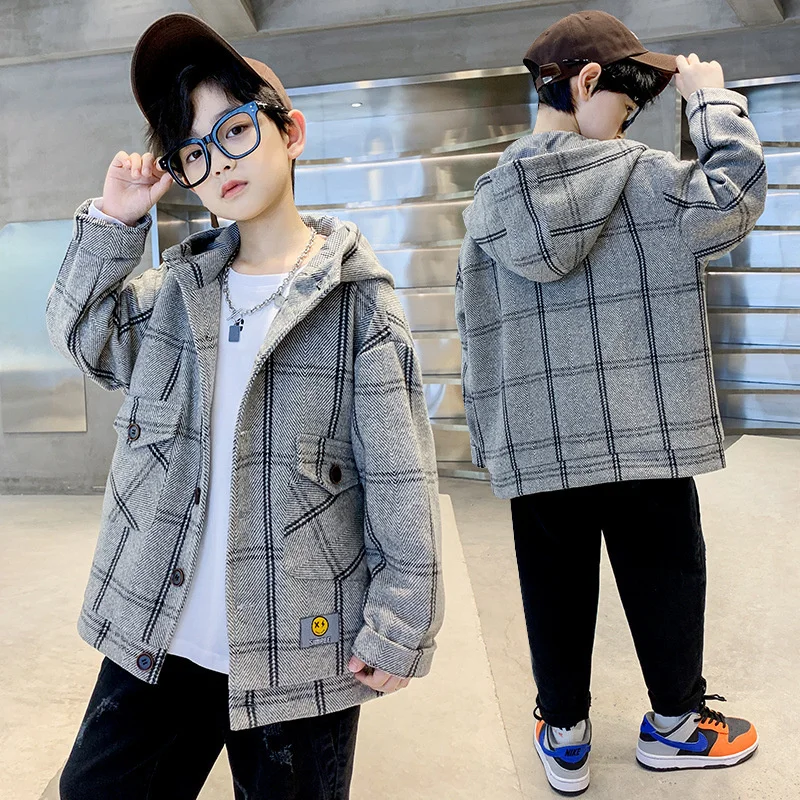 Boys Woolen Coat Overcoat Jacket Windbreak 2024 Plaid Warm Plus Thicken Autumn Winter Cotton Christmas Gift Children's Clothing