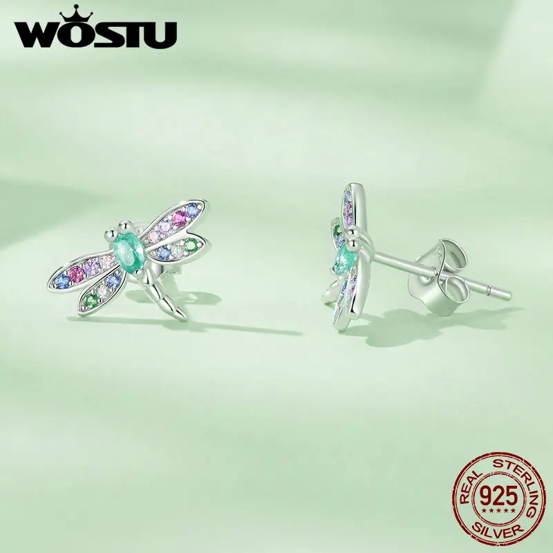 WOSTU 925 Sterling Silver Rainbow CZ Dragonfly Butterfly Stud Earrings Cute Insect Ear Studs Girls Daughter Birthday Party Gift