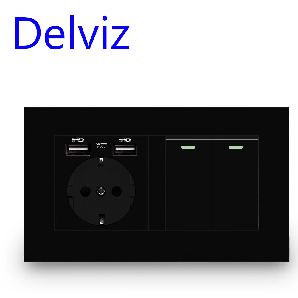 Delviz EU Standard Switch Outlet, 16A Light Switch,2 Gang 1 Way / 2 Way, White Double frame Panel,Wall Embedded USB Power Socket - view 4