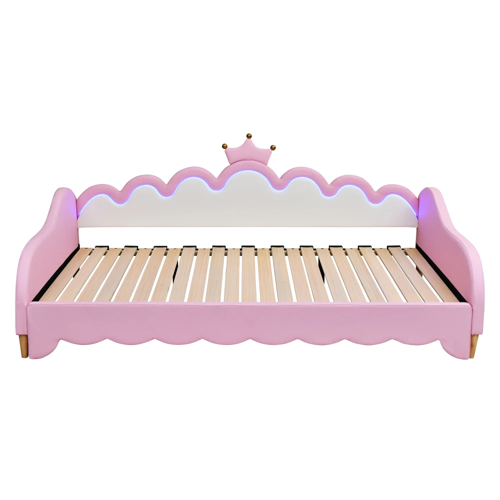 Cama de Dia Extensível com Luzes LED, Cama de Princesa Moderna Estofada com Cabeceira em Forma de Coroa, Rosa