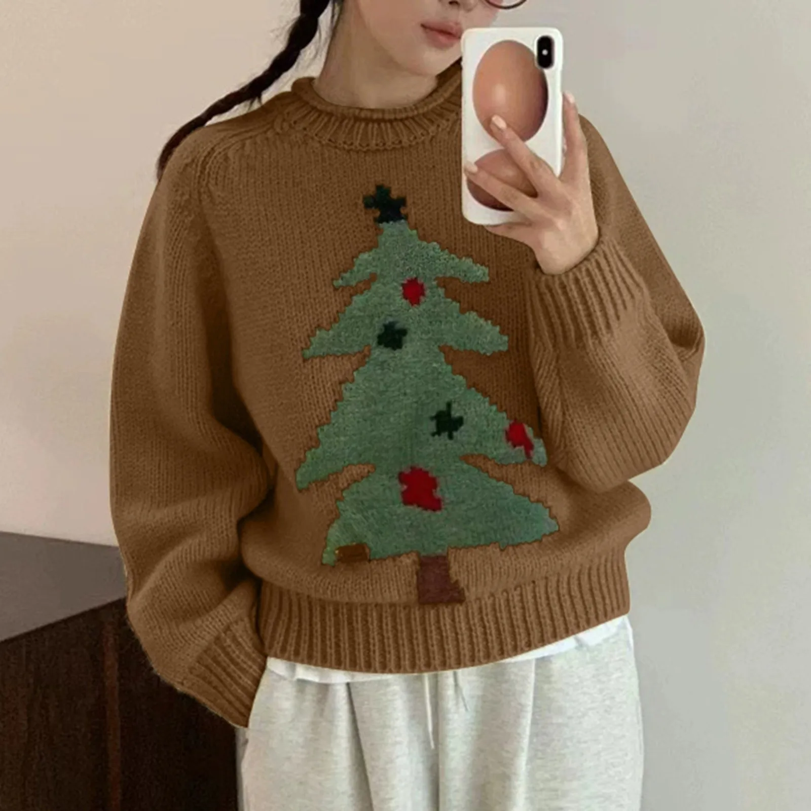 Christmas Tree Print Crew Neck Knit Sweater Fall Winter Casual Long Sleeve Pullover Graphic Loose Young Sweater Tops Women