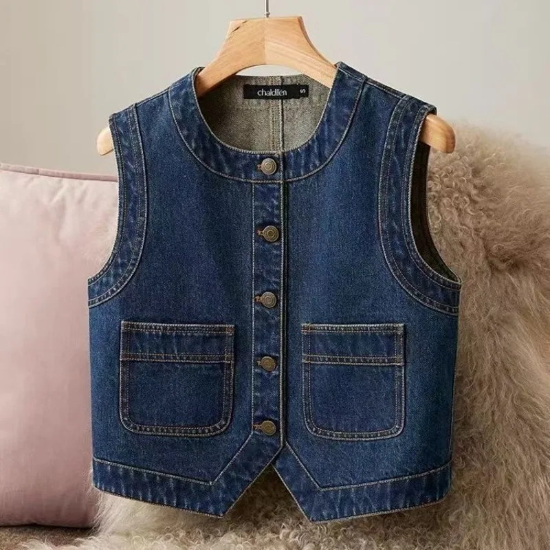 Korean Loose Vintage Round Neck Denim Vest Single-Breasted Sleeveless Women's Jacket