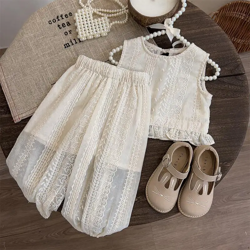 

Girls Summer Breathable Set 2025 New Fashion Casual Daily Princess 2-Piece Set Sleeveless Top and Loose Pants