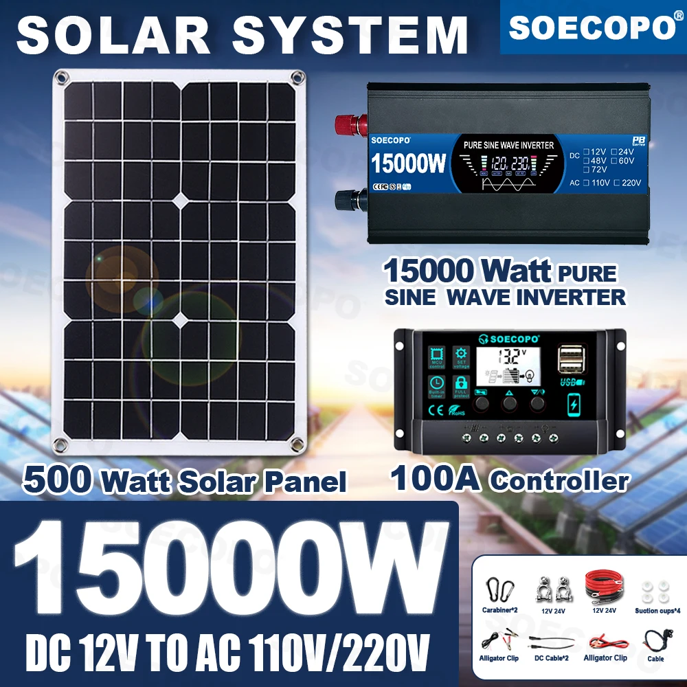 15000W Peak Solar System Kit 500W Panel 100A Controller 12V To 110V 220V Pure Sine Wave Inverter Generator for Camp Home Charger