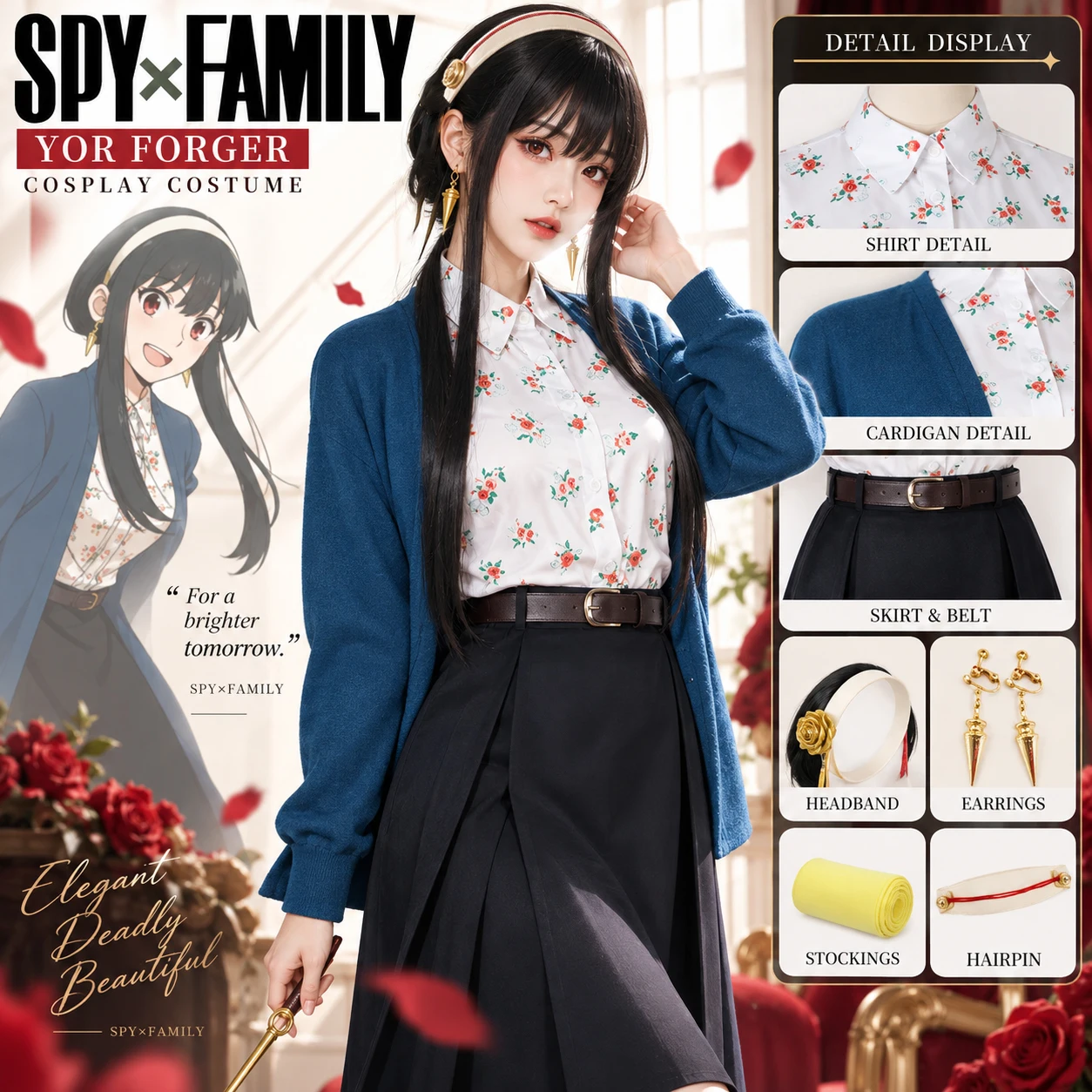 Costume de cosplay Yor Forger d'Anime Spy X Family, manteau bleu, robe noire, ensemble complet, tenue pour femme, costume d'Halloween, fête, scène