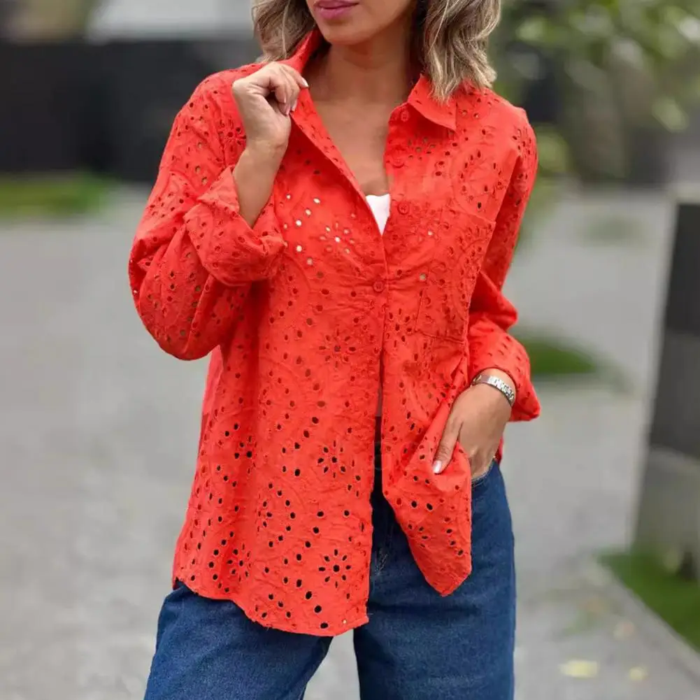 Solid Color Blouse Elegant Hollow Embroidery Flower Shirt Tops for Women Lapel Long Sleeve Streetwear Single Breasted Solid