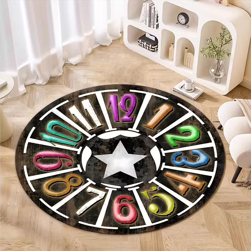 

Vintage Clock Color Block Round Rug – Worn-Out Style Floor Mat for Bedroom, Playroom or Kids’ Area