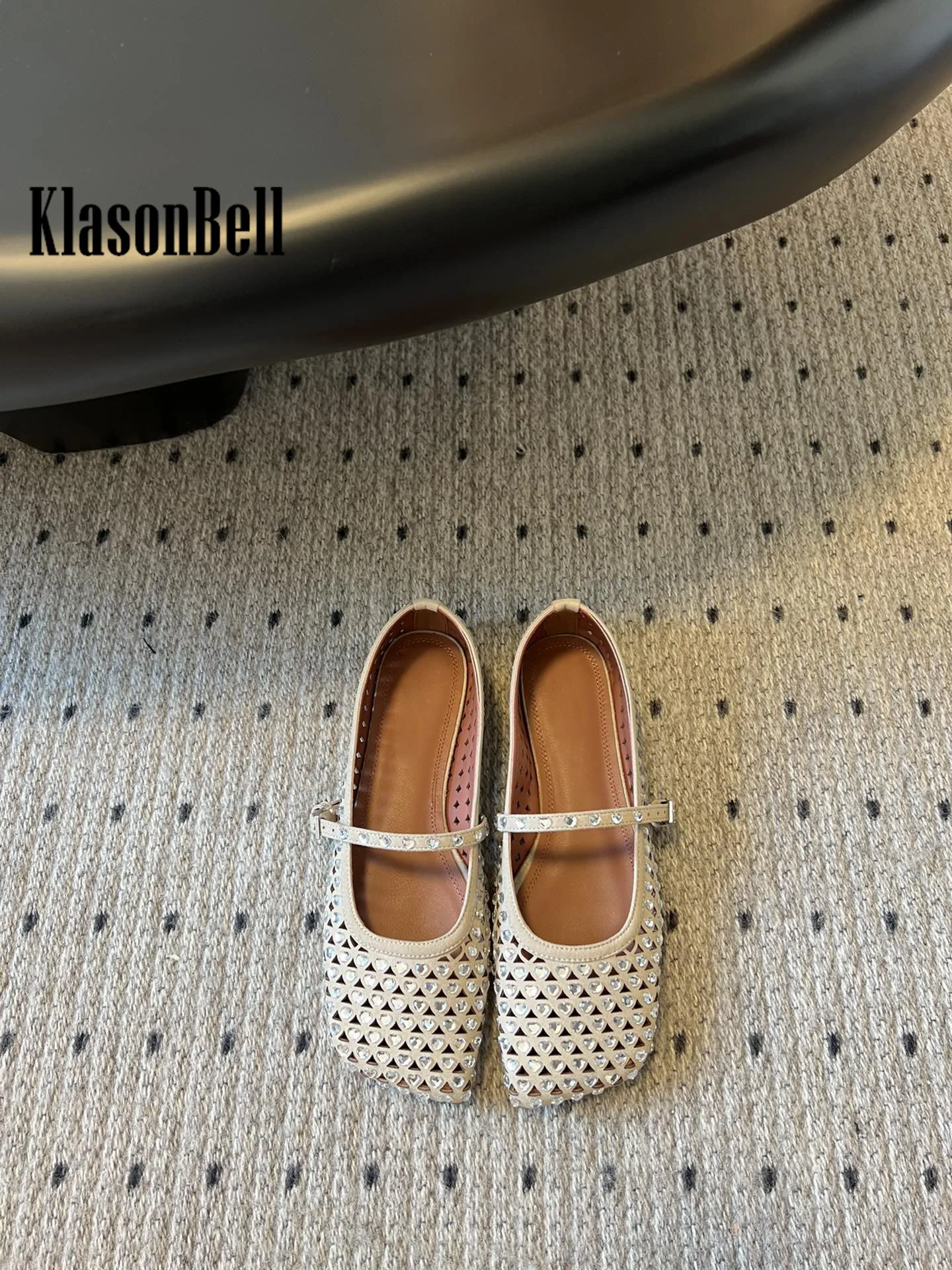 7.19 KasonBell Women Fashion Bling Love Crystal Hollow Out Ballet Flats Shoes Buckle Strap Square Toe Cow Suede Pumps