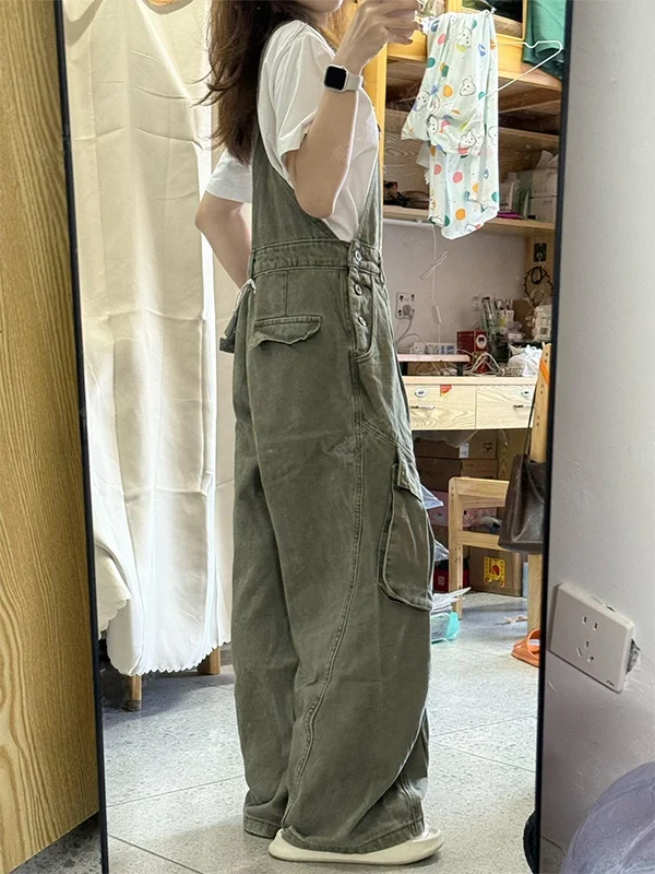 

American Military Green Washed Wide Leg Overalls Women's Loose Casual Denim Bib Pants Multi-Pocket High Waist Straight Leg