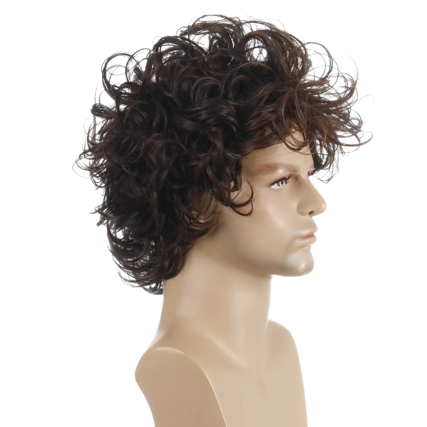 Handsome Men\'s Fashion Brown Curly Synthetic Wigs with Bangs Loose Wave Hair Cool Rock Cosplay Party Wigs for Man