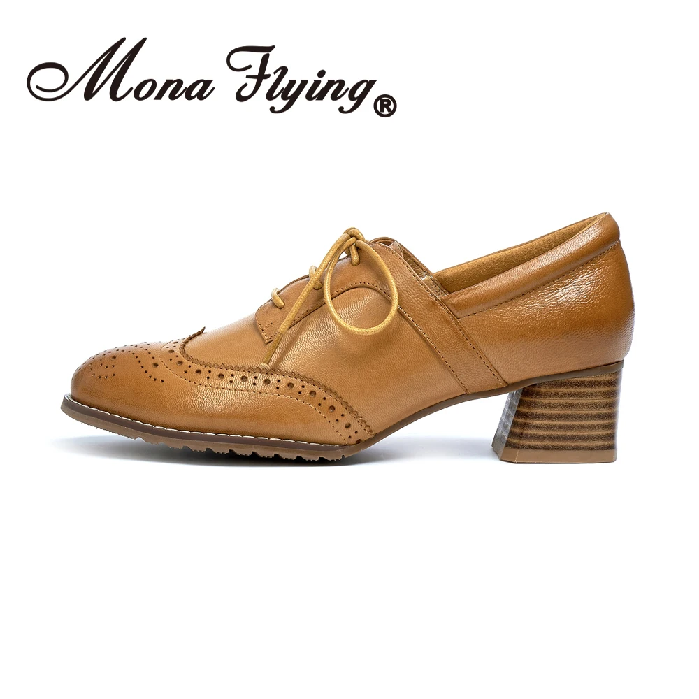 Mona Flying Women's Genuine Leather High Heel Oxfords Wingtips Lace up Dress Pumps Work Office Heel Shoes for Ladies K058-11