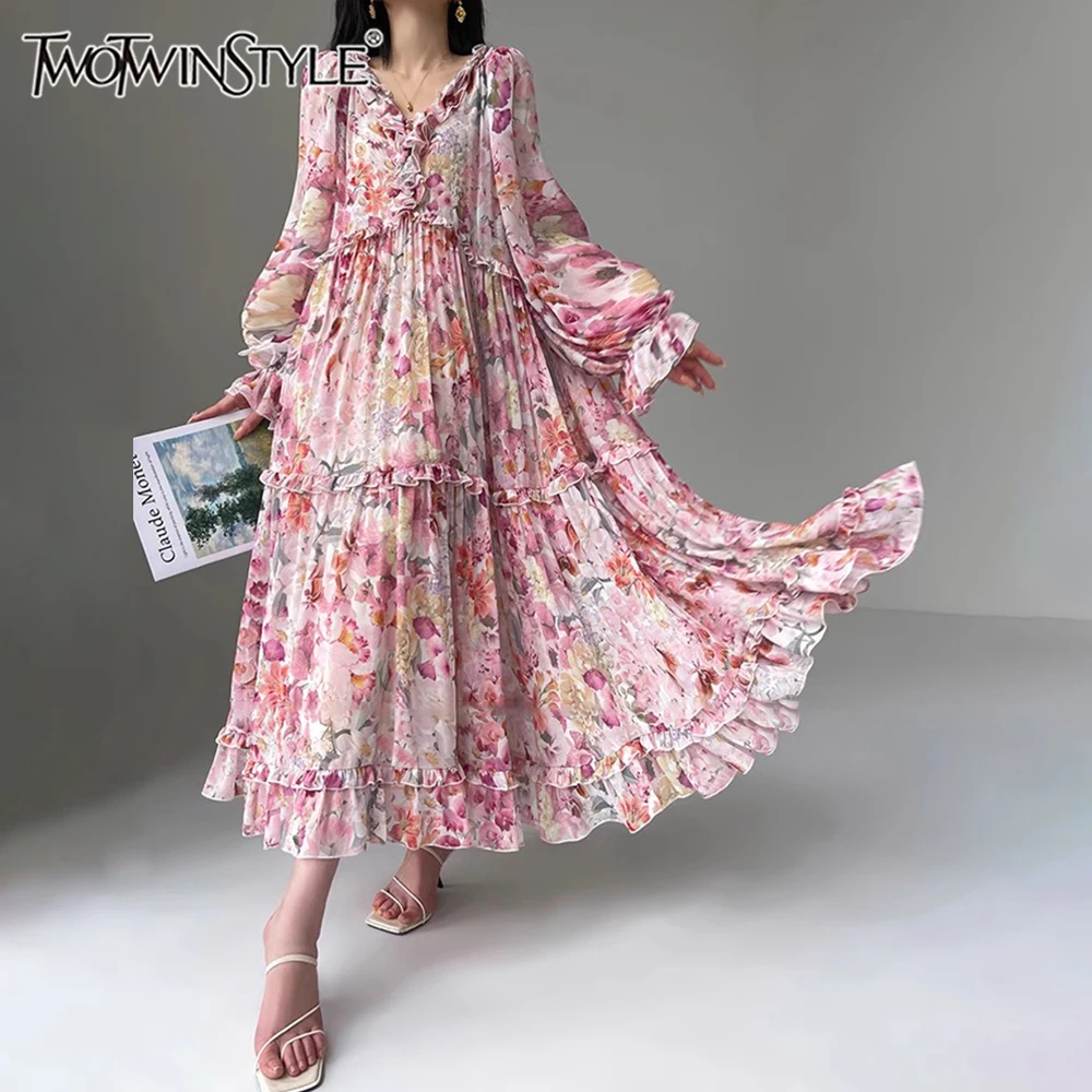 TWOTWINSTYLE Hit Color Floral Printing A Line Dress For Women V Neck Lantern Sleeve High Waist Elegant Dresses Female Fashion