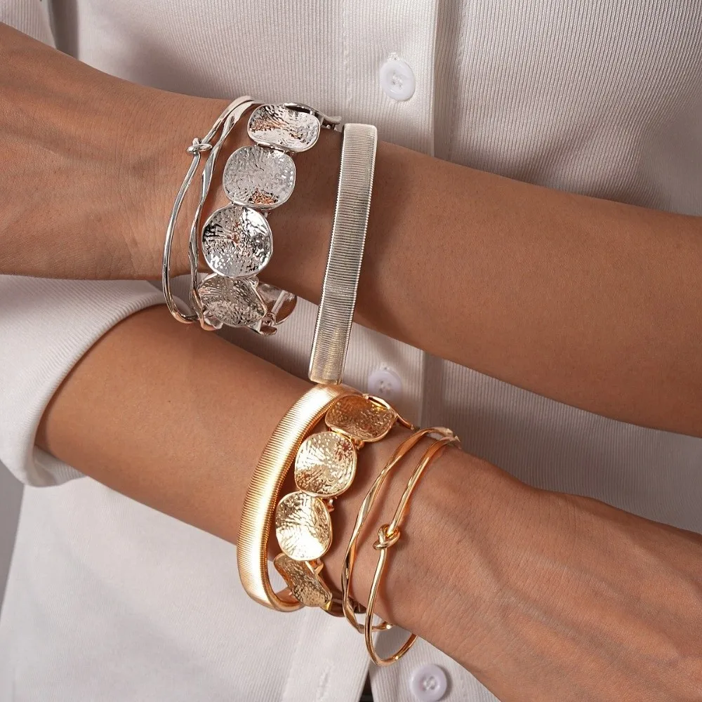 4Pcs/Set Wide Multilayer Bangles Round Boho Alloy Opening Bangle Europe American Style Metal Irregular Bracelet Set Girls