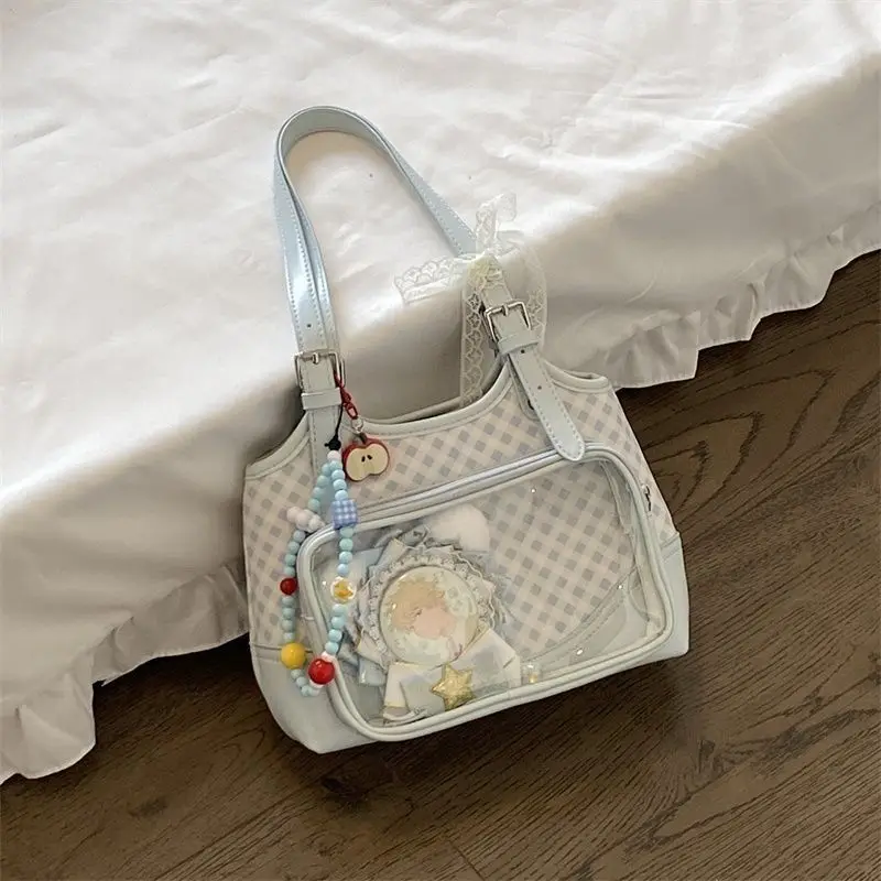 الحلو لطيف السماء الزرقاء الماس نمط حقيبة كتف المرأة المرقعة سعة كبيرة حقيبة يد السيدات أنيمي شارة Harajuku حقيبة تحت الإبط