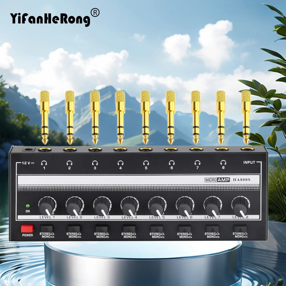 

HA800S 8 Channels Mini Stereo Headphone Amplifier Ultra-Compact Audio Amplifier With Power Adapter 9pcs 6.5 3.5mm Converter