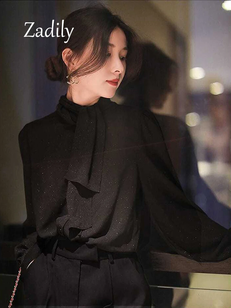 Zadily 2024 Summer Office Lady Long Sleeve Women Black Shirt Korea Style Bring Silk Bow Button Up Ladies Blouse Work Clothing