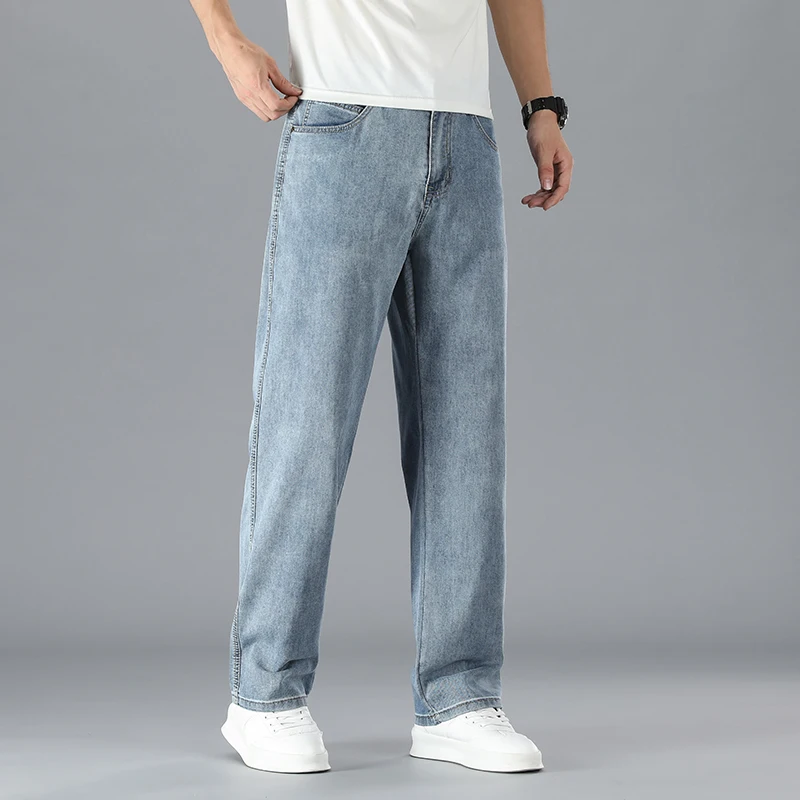 

Jeans Men's Summer Thin Loose Denim Pants Straight Business Casual Black Blue Classic Trousers