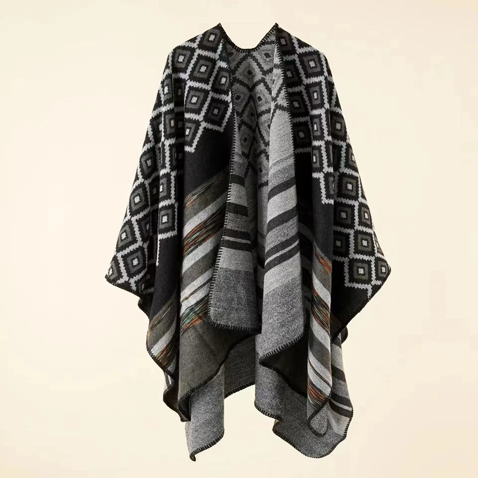 2024 Autumn Winter New Geometric Stripe Pattern Imitation Cashmere Warm Casual Women Shawl Poncho Capes Lady Coat Purple