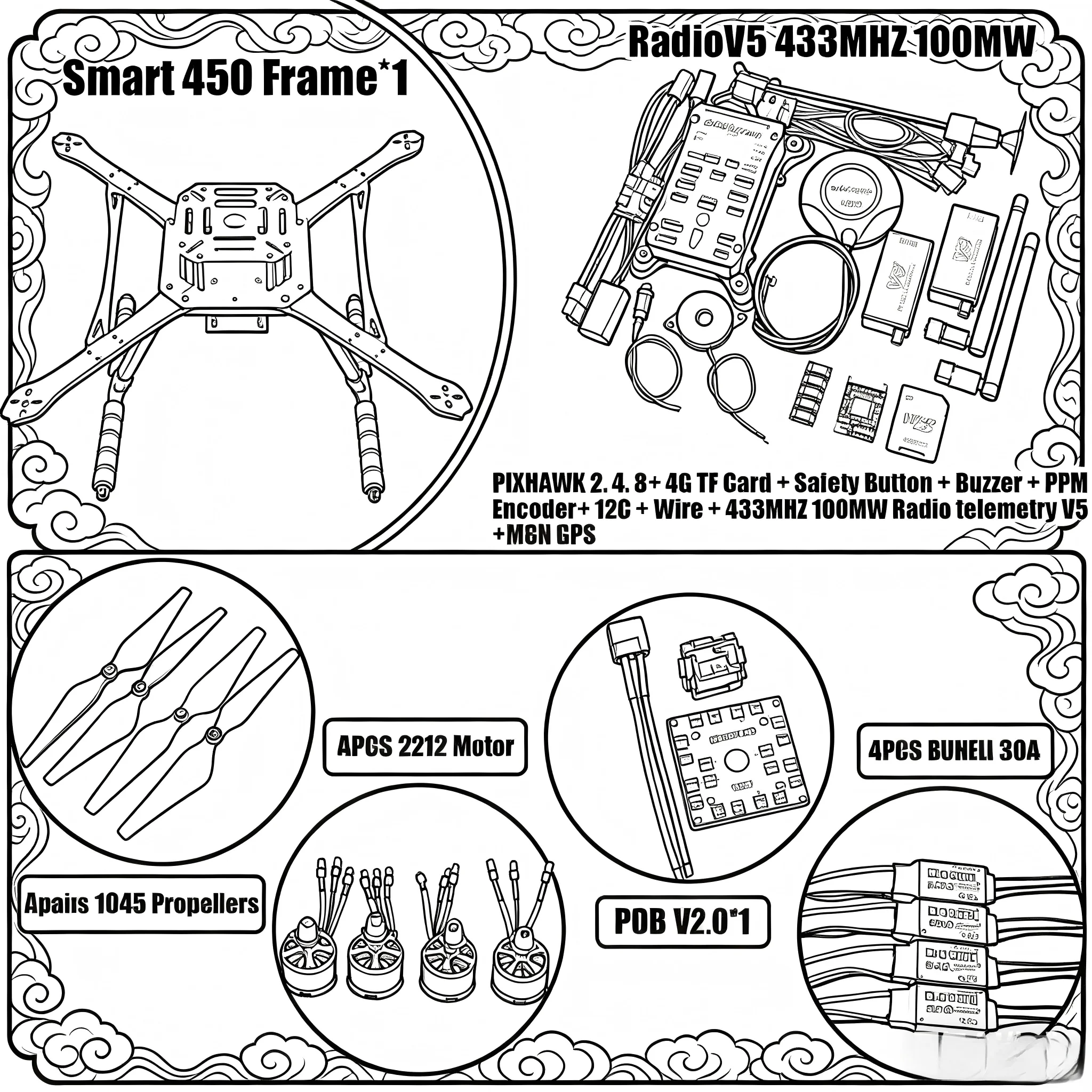 

Комплект рамы PIXHAWK2.4.8 Smart450 из углеродного волокна для полетного контроллера, квадрокоптер с телеметрией Ardupilot 100МВт, радиоуправлением, ESC BLHELI 30A и моторами 2212