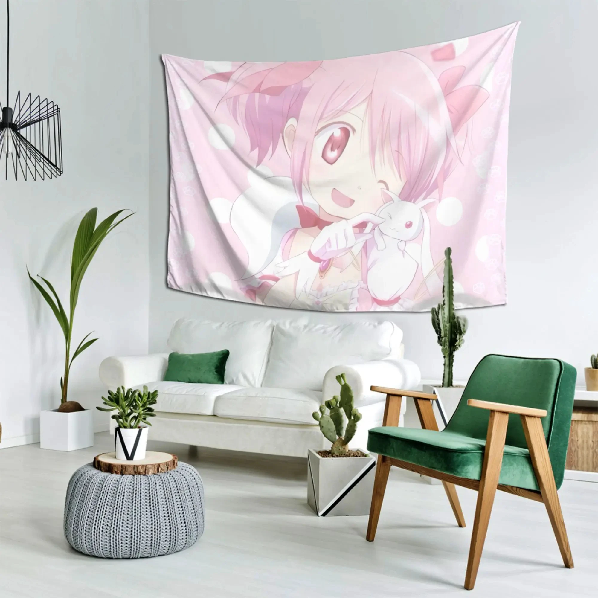 Anime Wall Tapestry Madoka Magica Madoka Kaname Kyubey Pink White Polka Dots Bedroom Living Room Decor