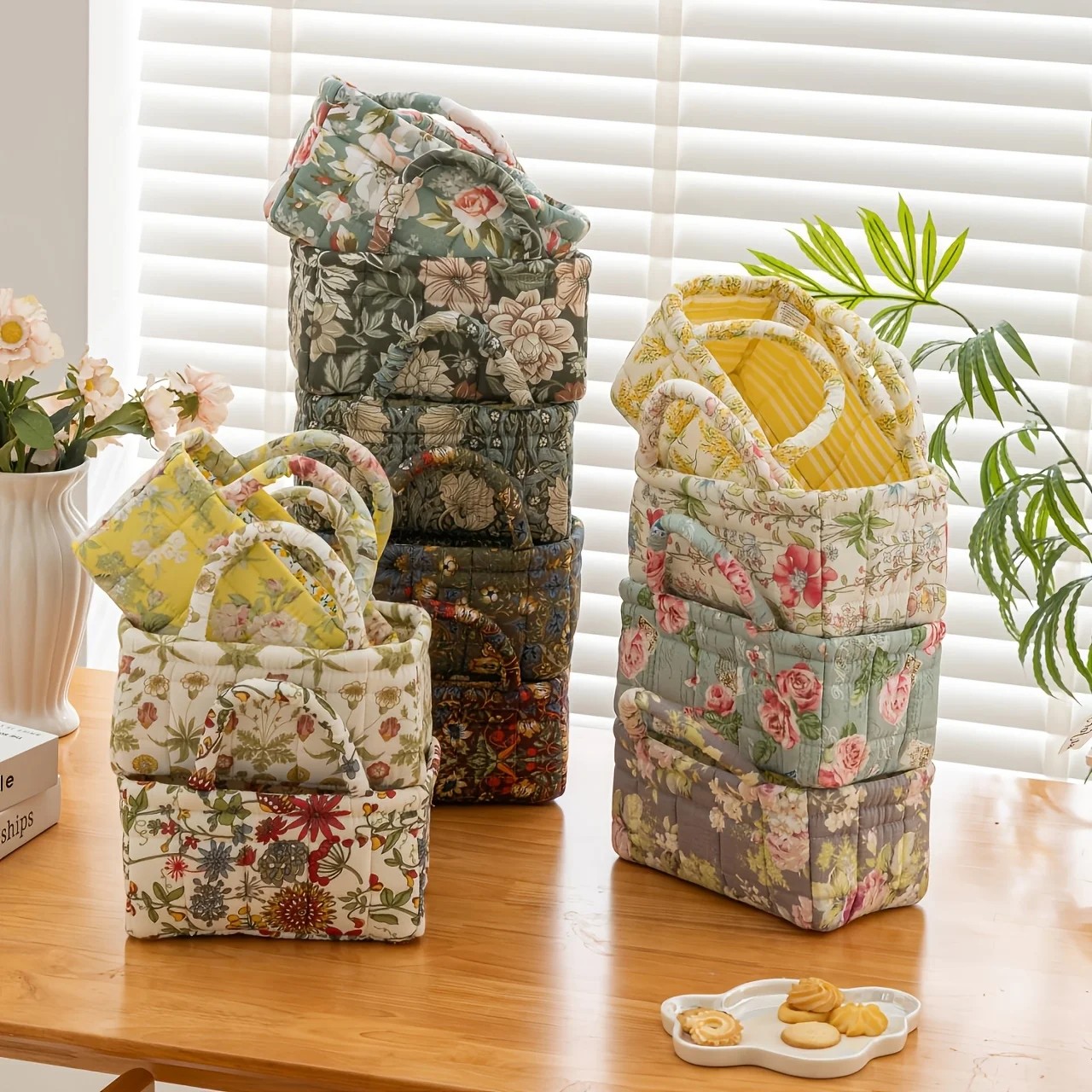 

Винтажная корзина для хранения с цветочным принтом, складная и портативная, идеально подходит для косметики, закусок и общего хранения. Универсальный, многофункциональный