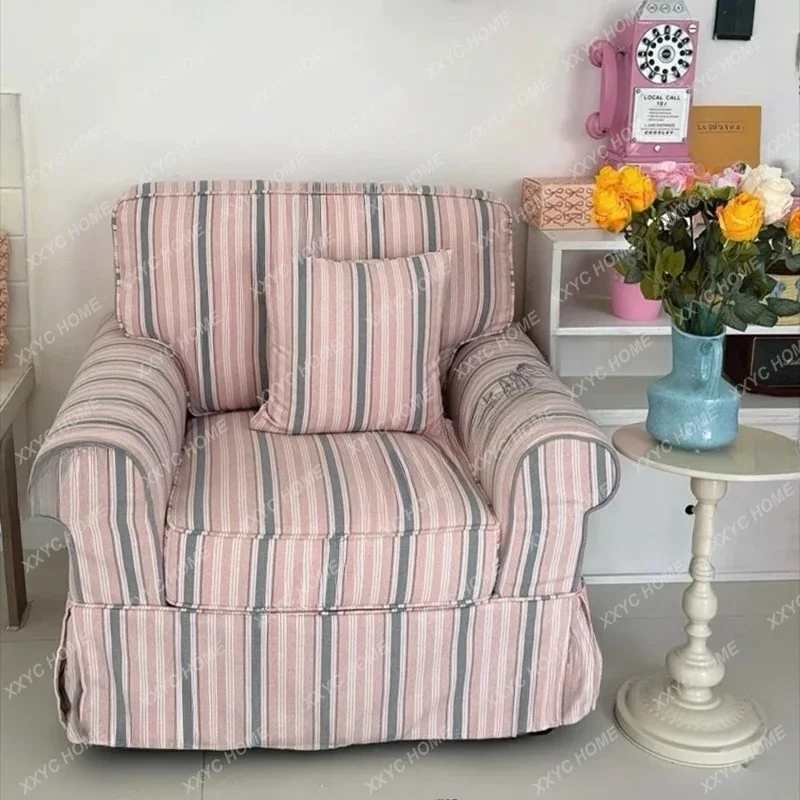 L modern removable sofa  retro bedroom pink striped fabric single double sofa